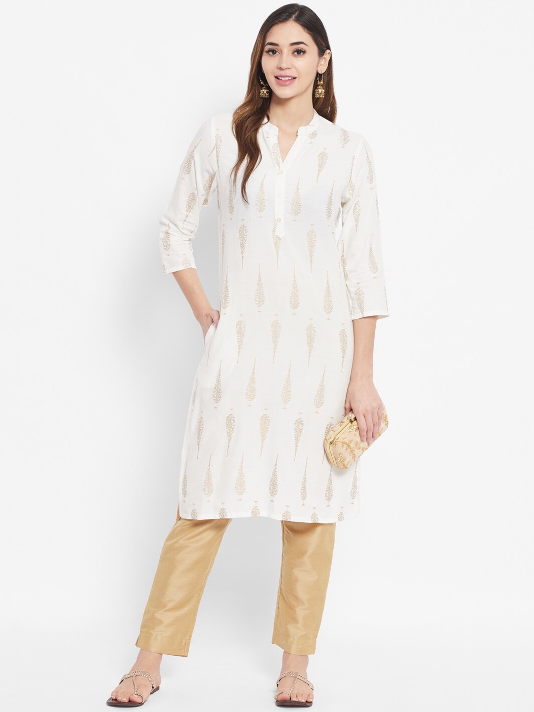 

DESI BEATS Women White & Gold Printed Straight Kurta