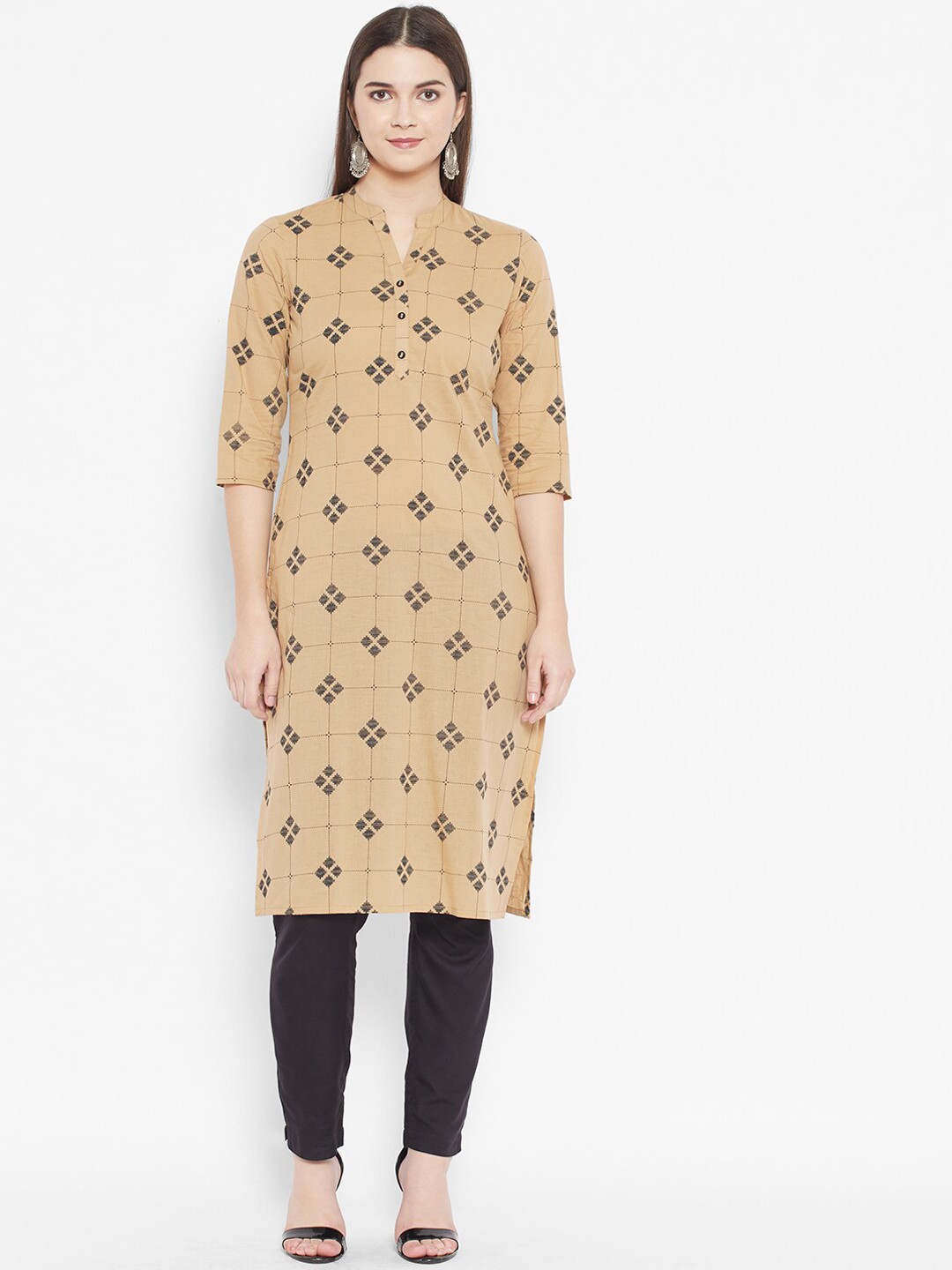 

DESI BEATS Women Beige & Black Geometric Printed Pure Cotton Kurta
