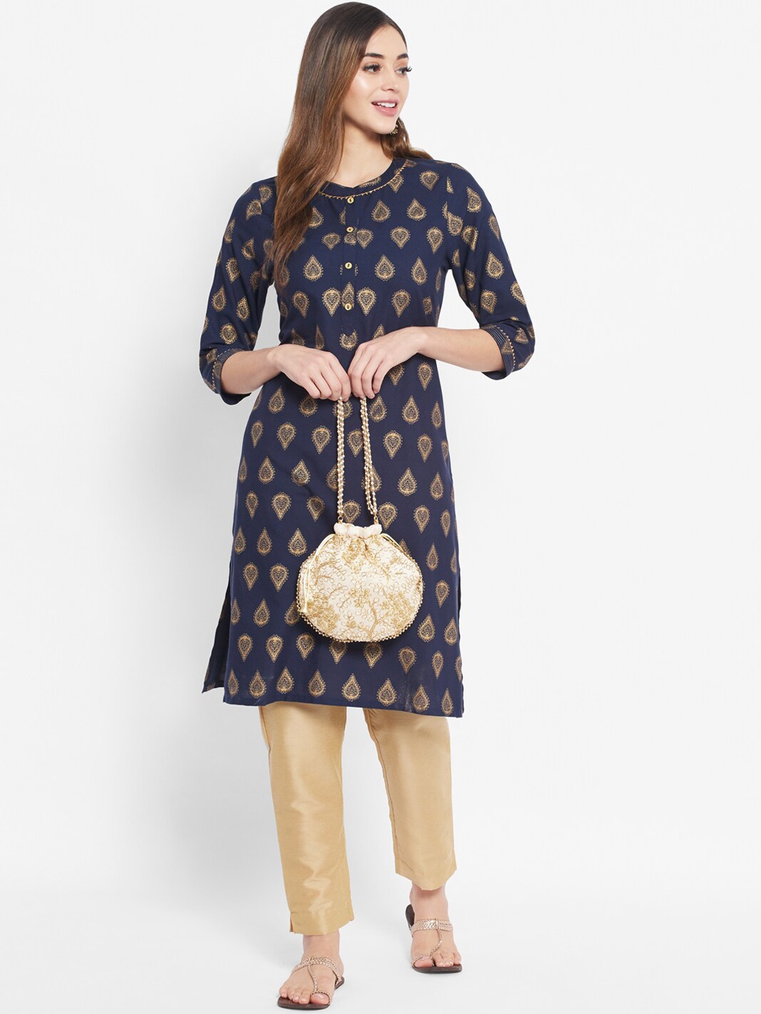 

DESI BEATS Women Navy Blue & Gold-Toned Ethnic Motifs Printed Straight Kurta