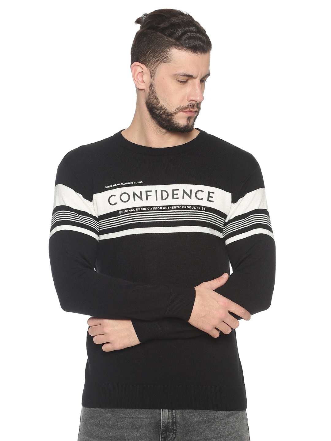 

MASH UNLIMITED Men Black & White Striped Pullover