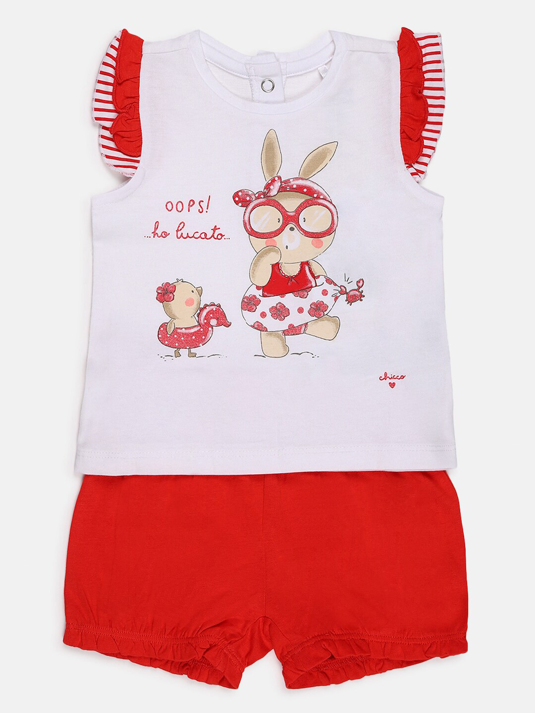 

Chicco Girls White & Red Printed Pure Cotton T-shirt with Shorts
