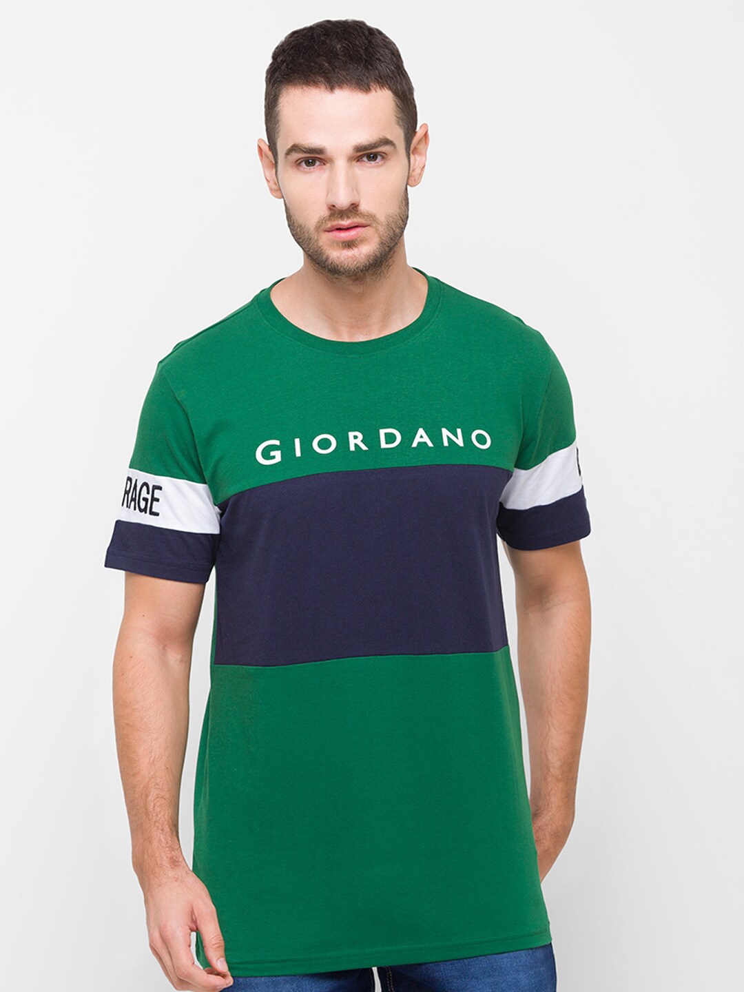 

GIORDANO Men Green & Blue Colourblocked Slim Fit Cotton T-shirt