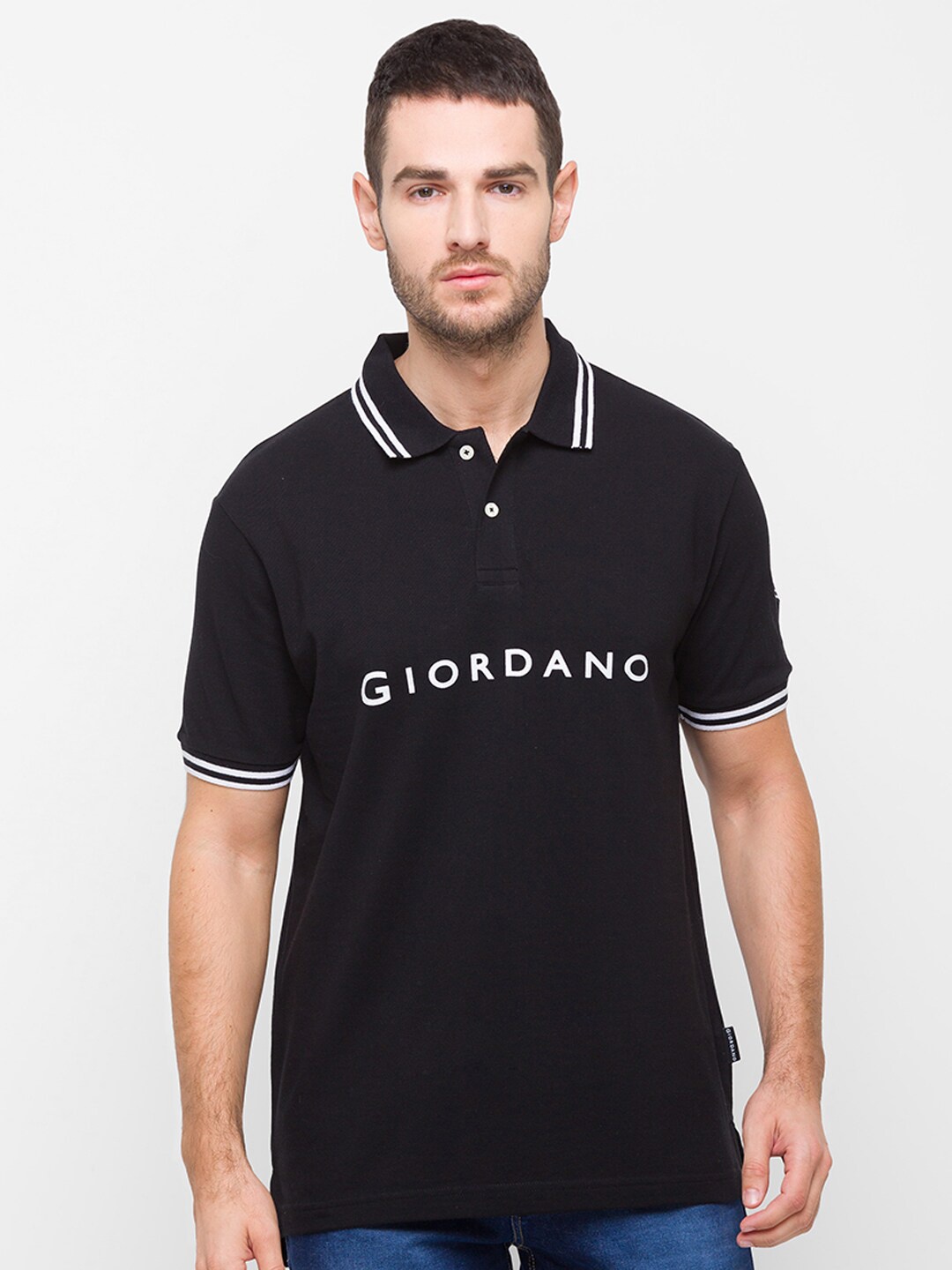 GIORDANO Men Black Brand Logo Printed Polo Collar Slim Fit Cotton T-shirt