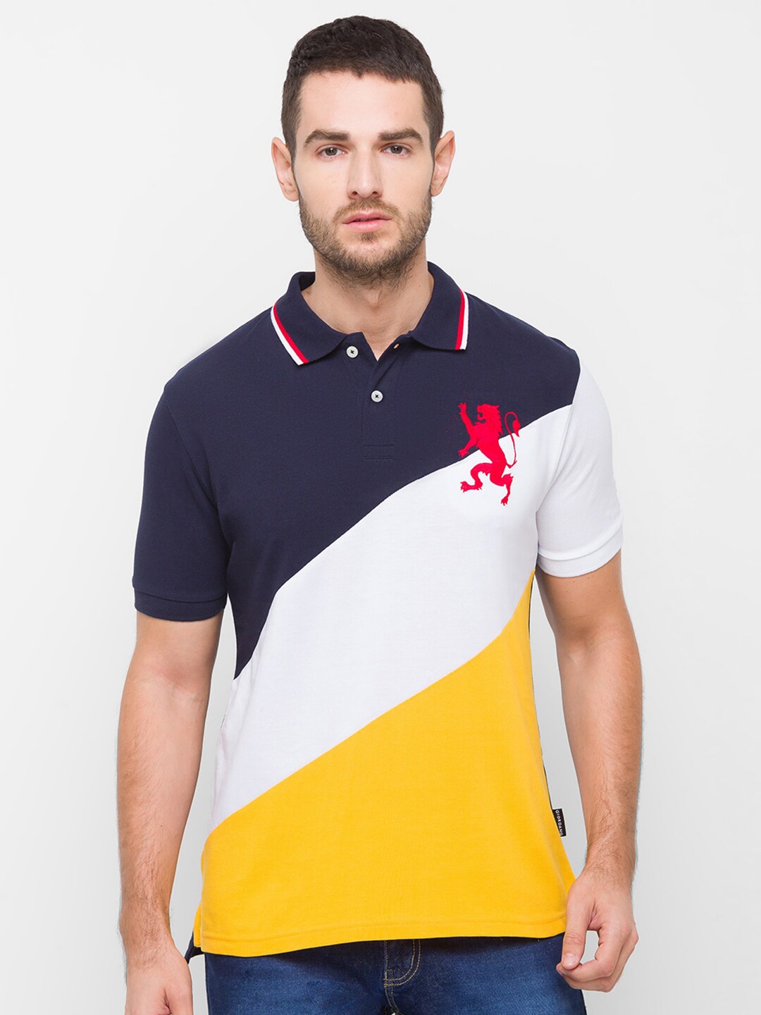 

GIORDANO Men Blue & Yellow Colourblocked Polo Collar Slim Fit Cotton T-shirt