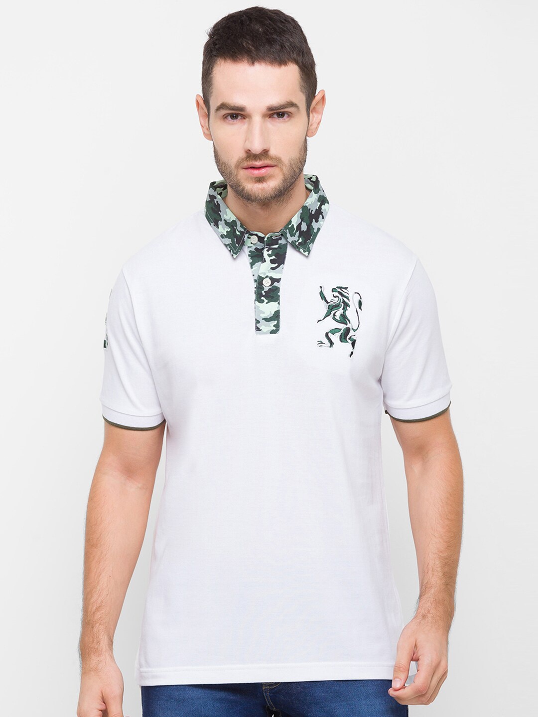 

GIORDANO Men White Printed Polo Collar Slim Fit Cotton T-shirt