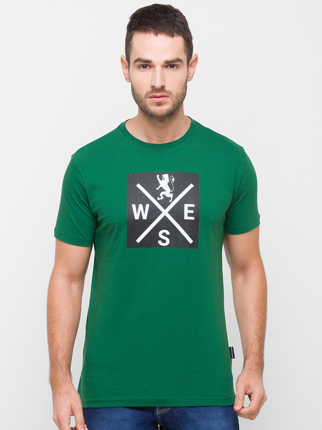 GIORDANO Men Green Printed Slim Fit Cotton T-shirt