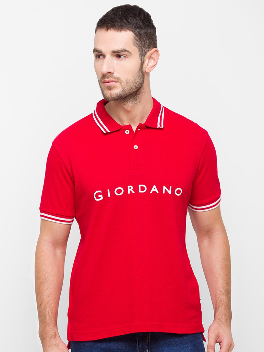 GIORDANO Men Red Brand Logo Printed Polo Collar Slim Fit Cotton T-shirt