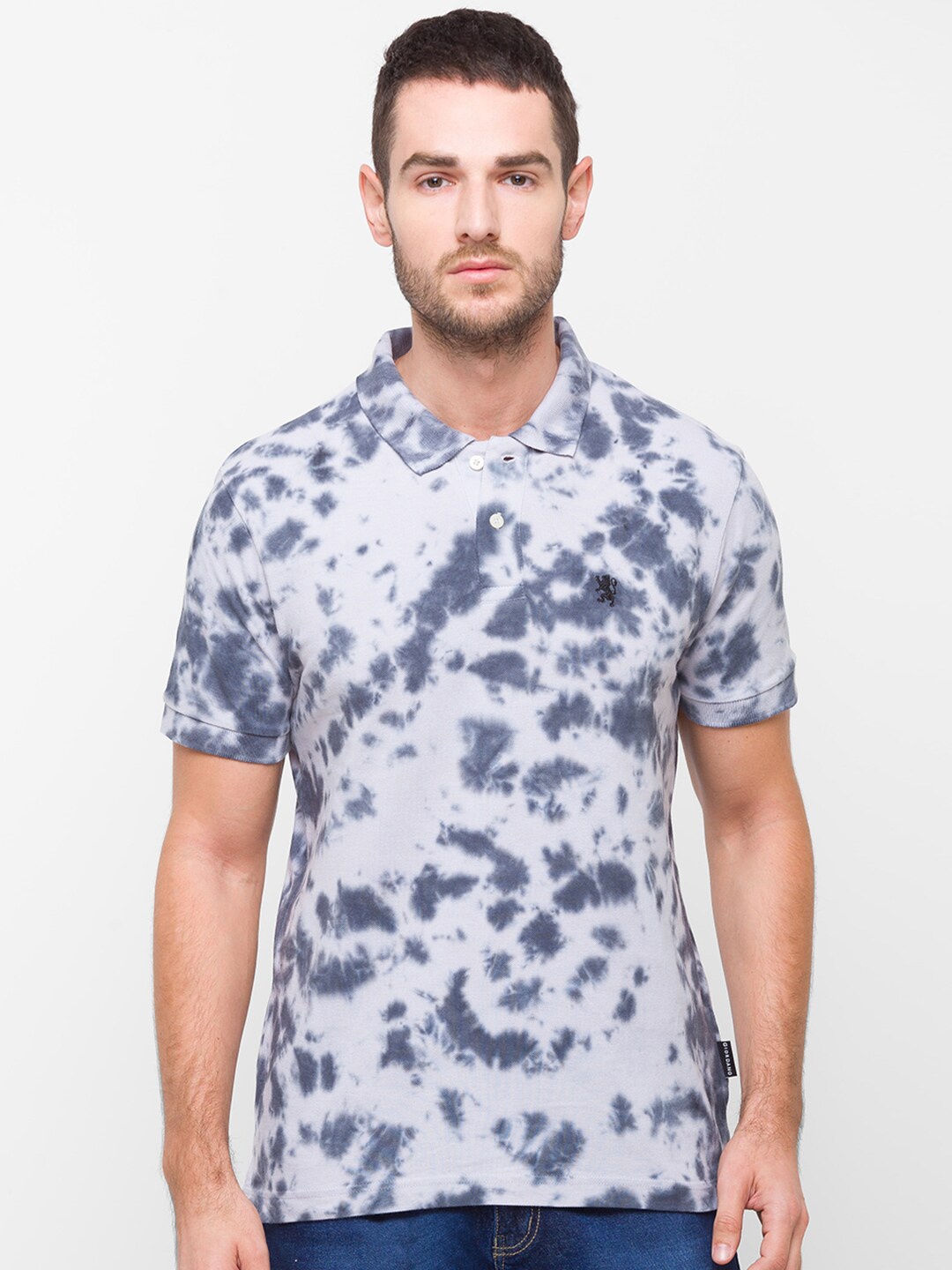 

GIORDANO Men Grey & Navy Blue Tie and Dye Dyed Polo Collar Slim Fit Cotton T-shirt