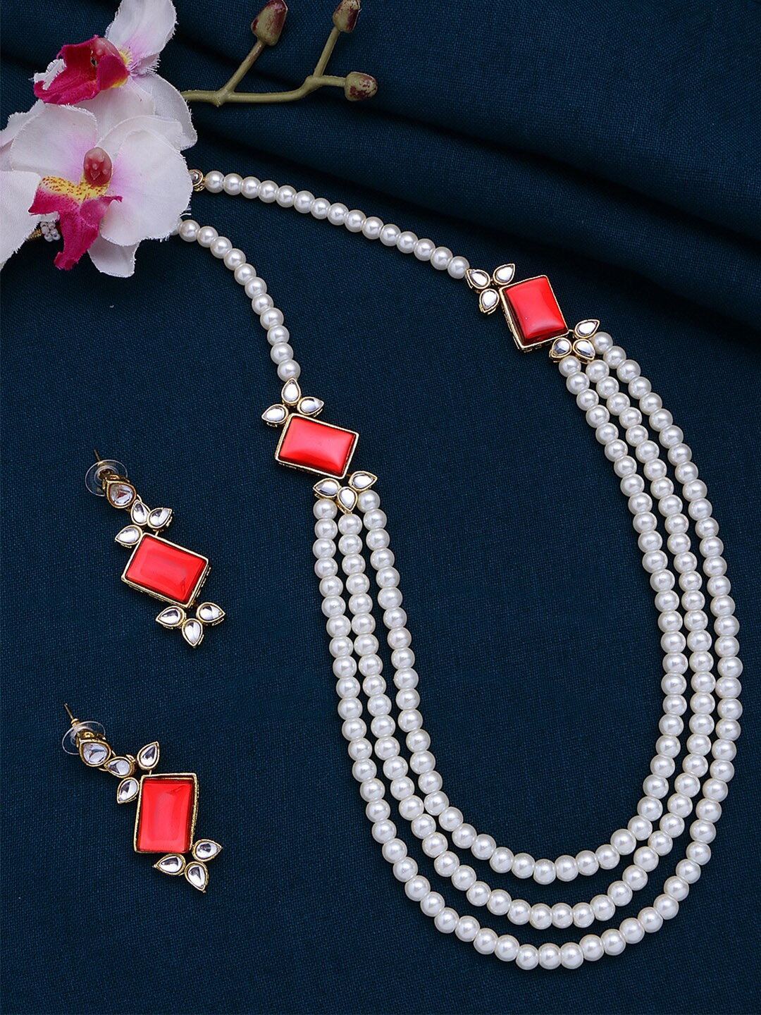 

LIVE EVIL Red & Gold-Toned Pearl Beaded Jewellery Set