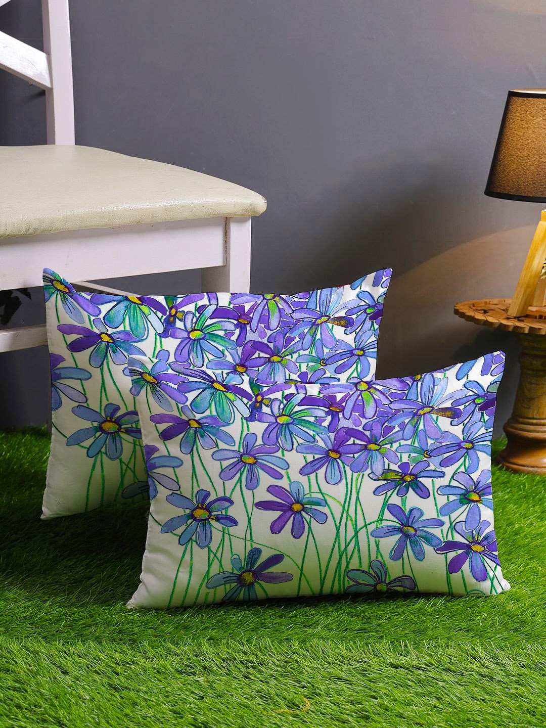 

STITCHNEST Set of 2 Blue & Green Floral Rectangle Cushion Covers