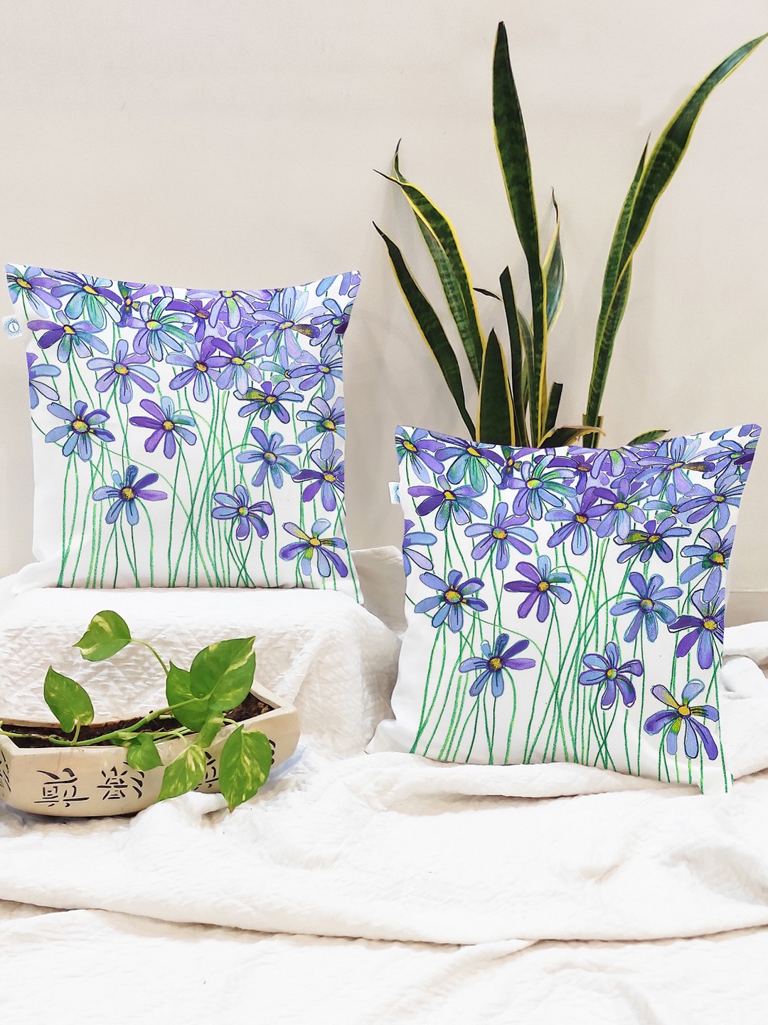 

STITCHNEST Blue & Green Set of 2 Floral Square Cushion Covers