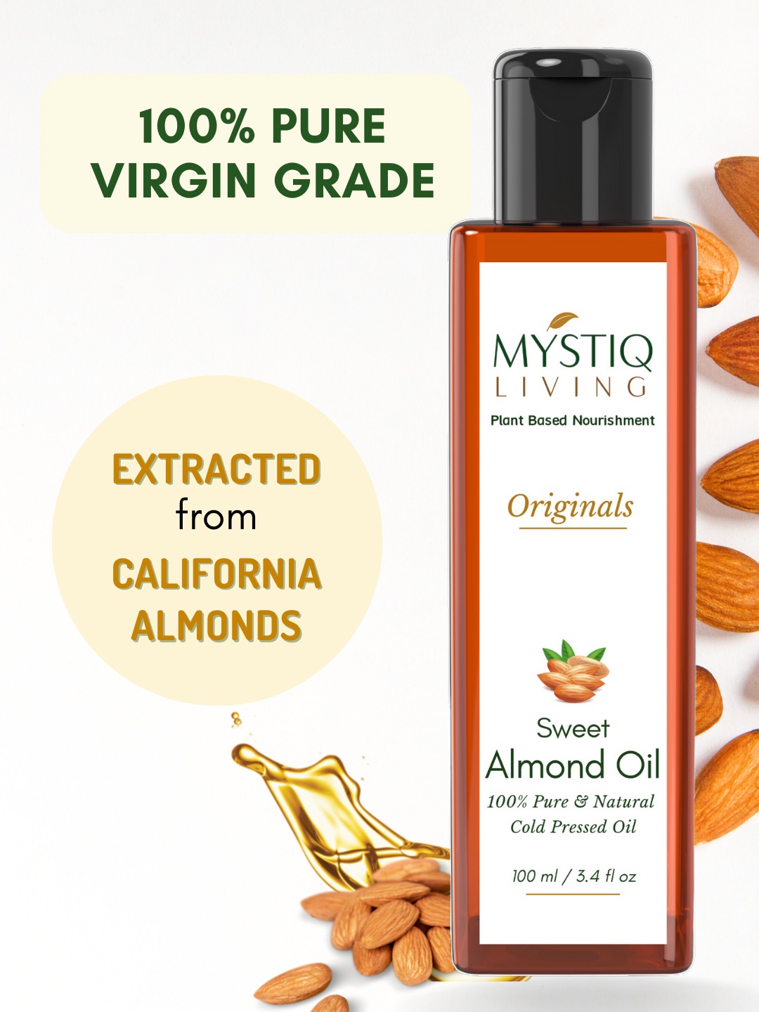 

MYSTIQ LIVING 100% Cold Pressed Sweet Almond Oil for Glowing Skin & Healthy Hair - 100 ml, Na