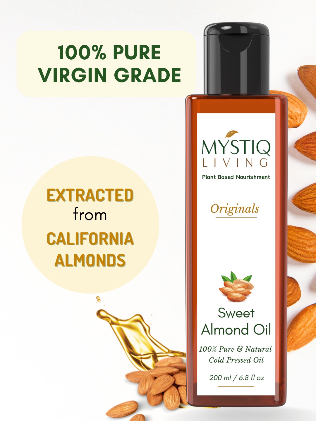 

MYSTIQ LIVING 100% Cold-Pressed Sweet Almond Oil For Glowing Skin & Healthy Hair - 200 ml, White