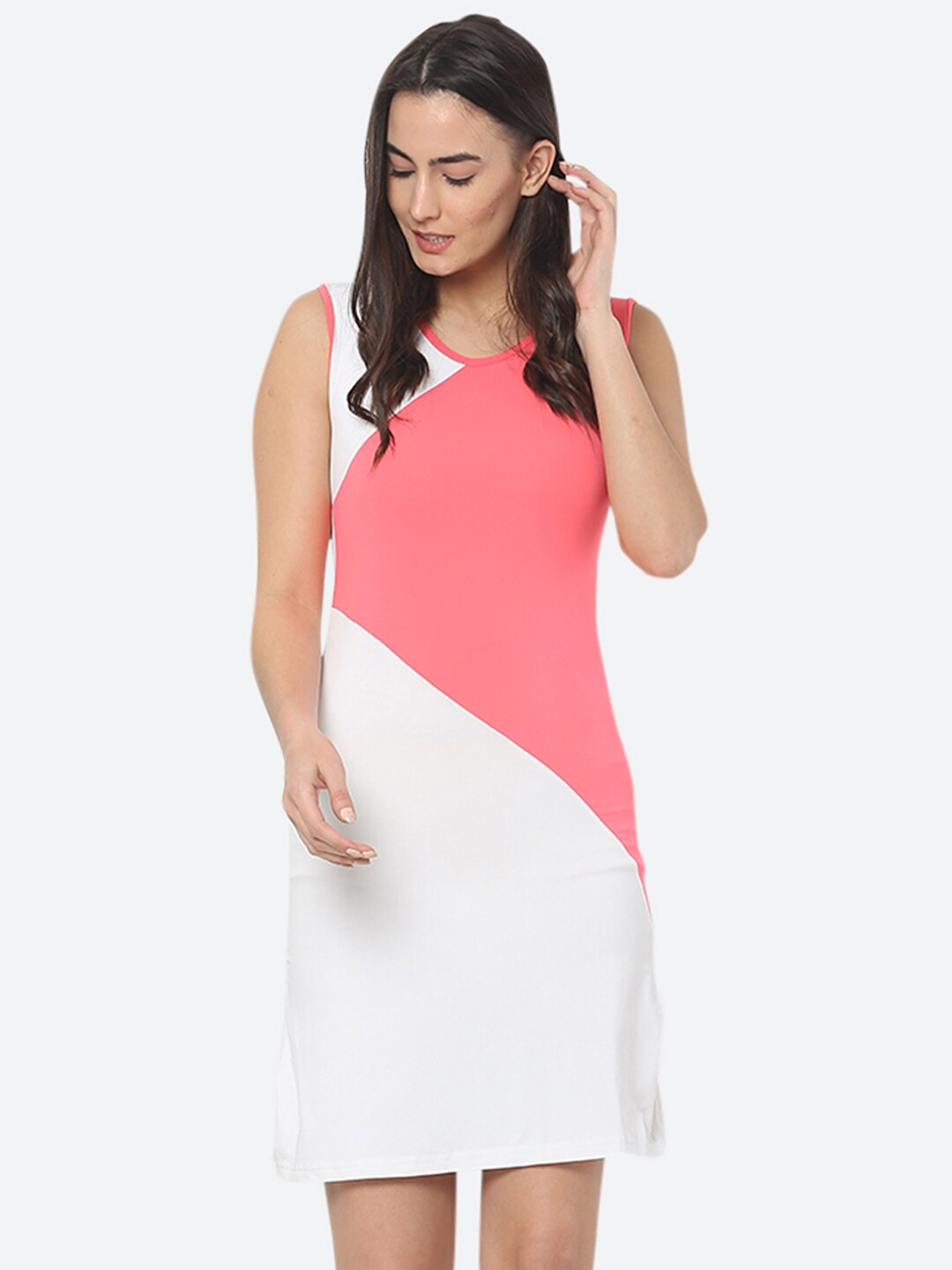 

FITLEASURE Women White & Pink Colourblocked Bodycon Sports Dress