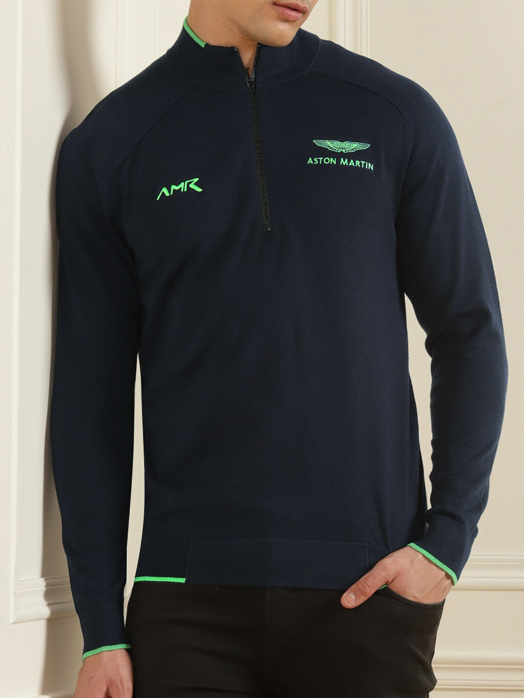 

HACKETT LONDON Men Navy Blue & Green Typography Printed Cotton Pullover