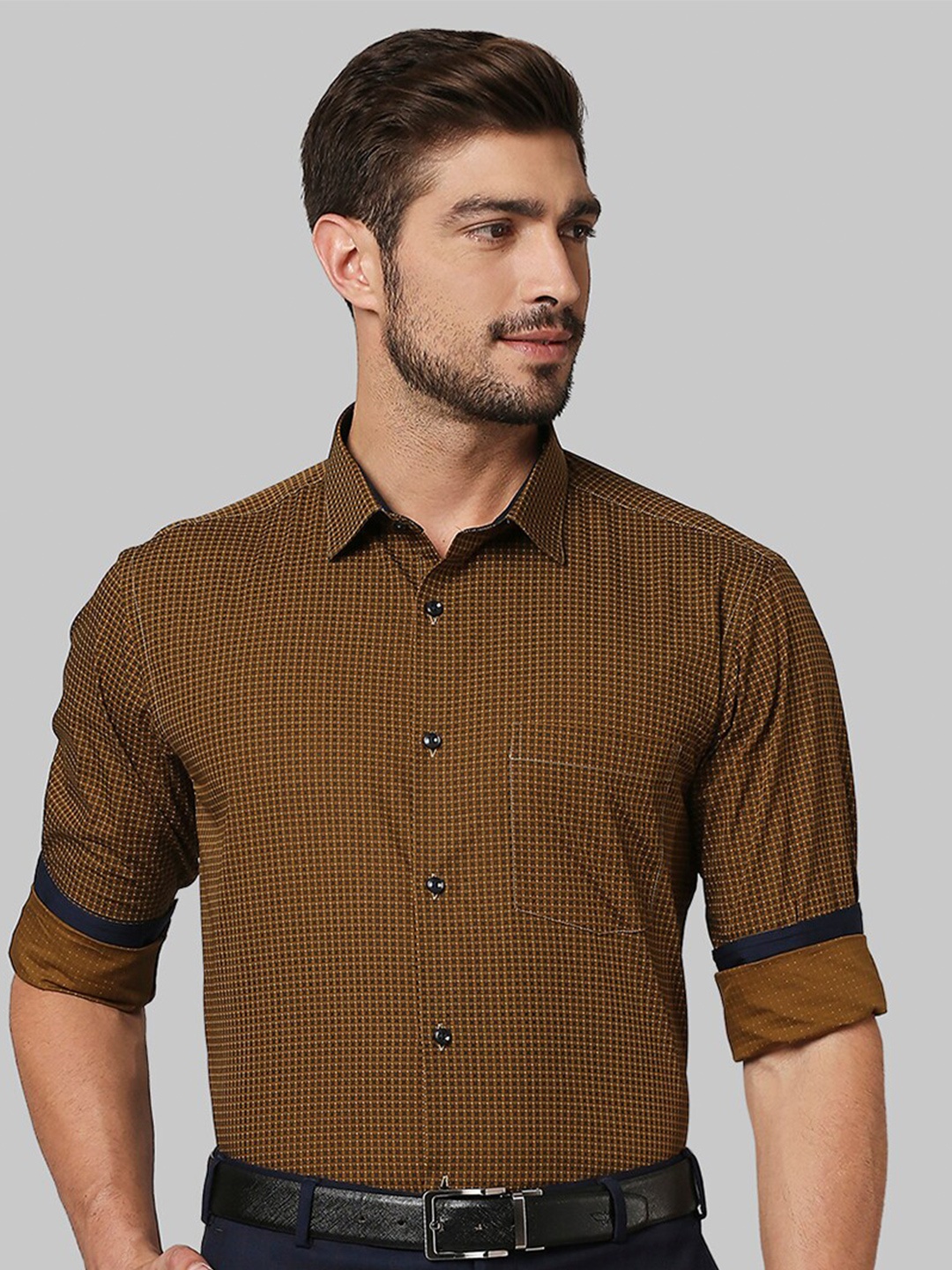 

Park Avenue Men Olive Green Slim Fit Checked Formal Shirt
