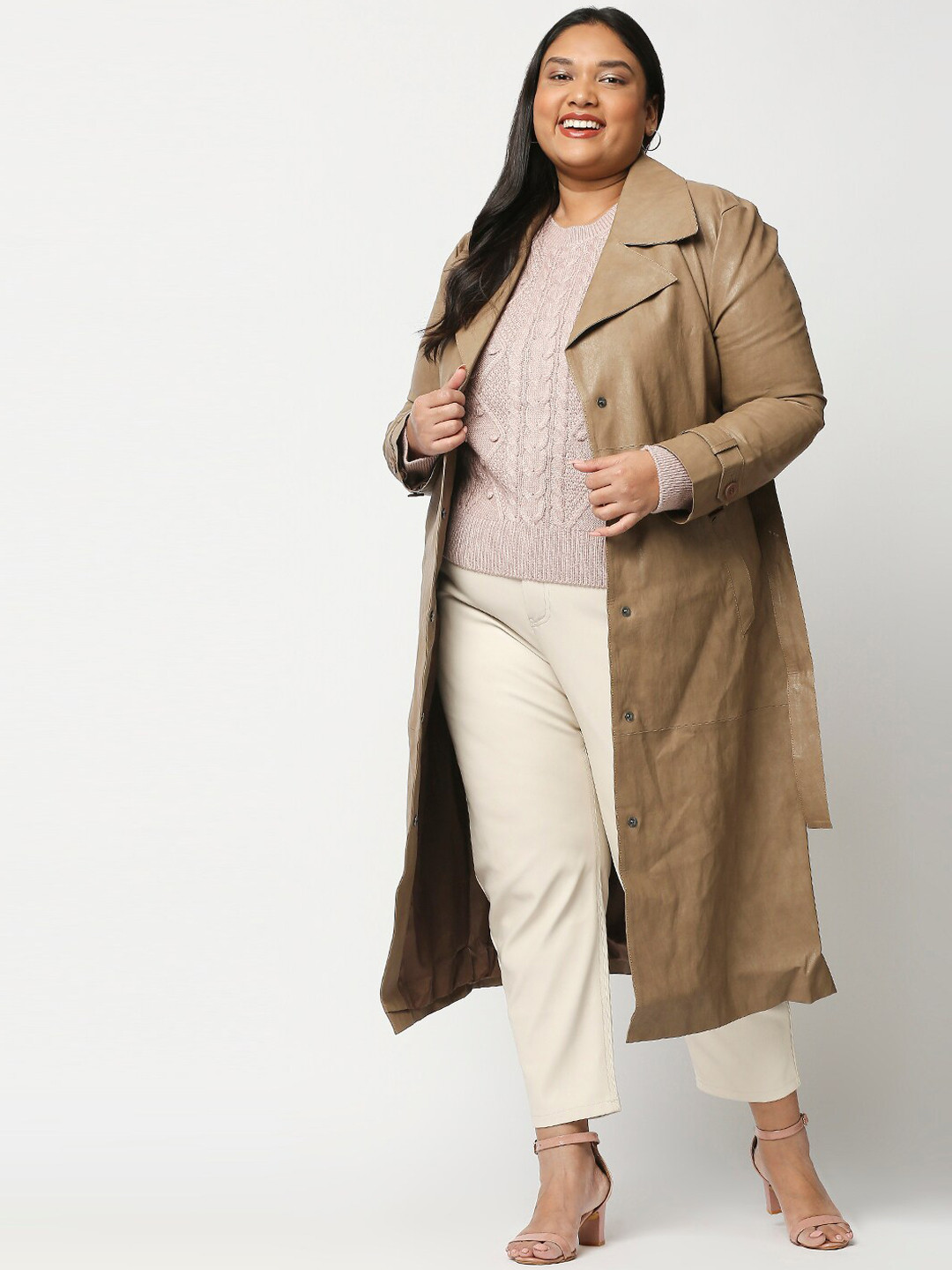 

20Dresses Plus Size Women Beige Solid Leather Overcoat