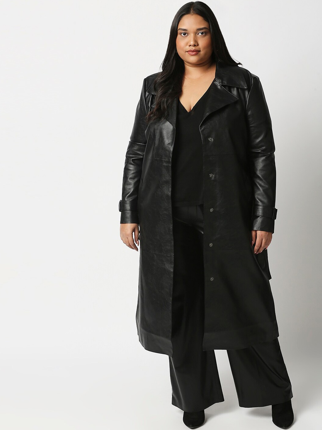 

20Dresses Women Black Solid Leather Overcoat