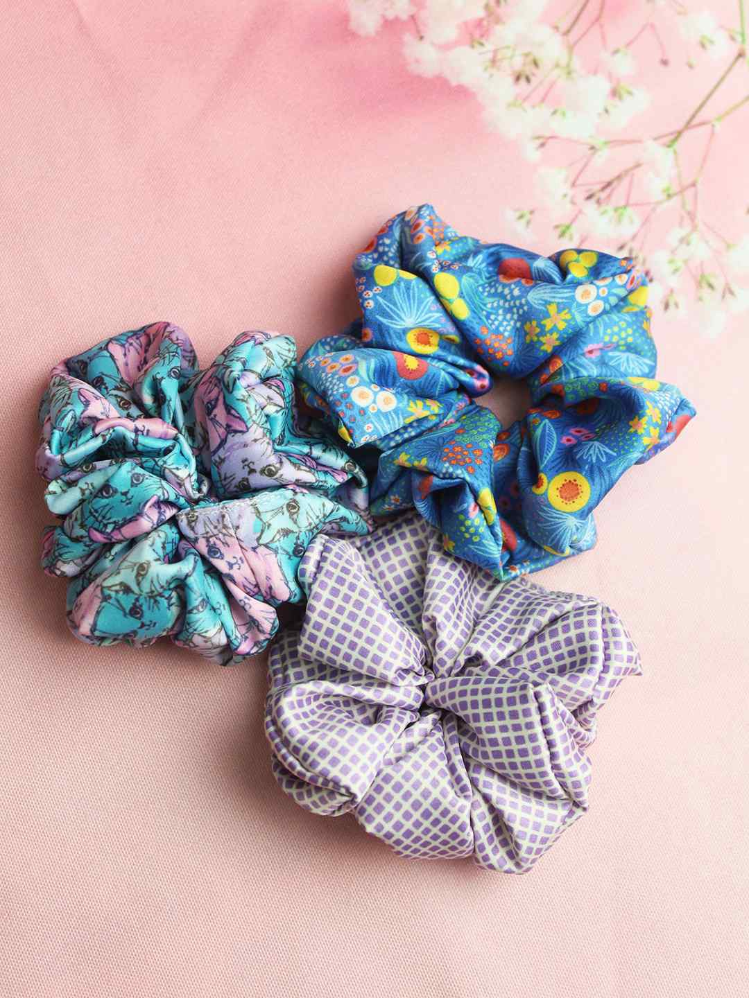 

Tossido Women Pack Of 3 Printed Soft Satin Fluffy Scrunchies, Blue