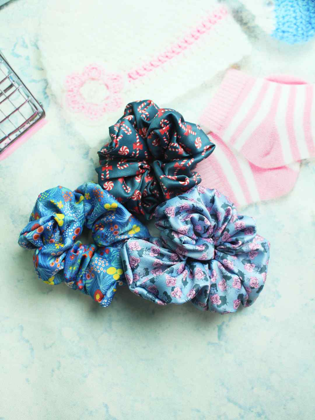 

Tossido Women Set of 3 Blue & Red Satin Fluffy Scrunchies Ponytail Holders