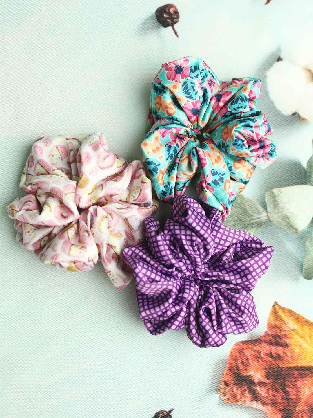 

Tossido Women Set of 3 Purple & Blue Satin Fluffy Scrunchies