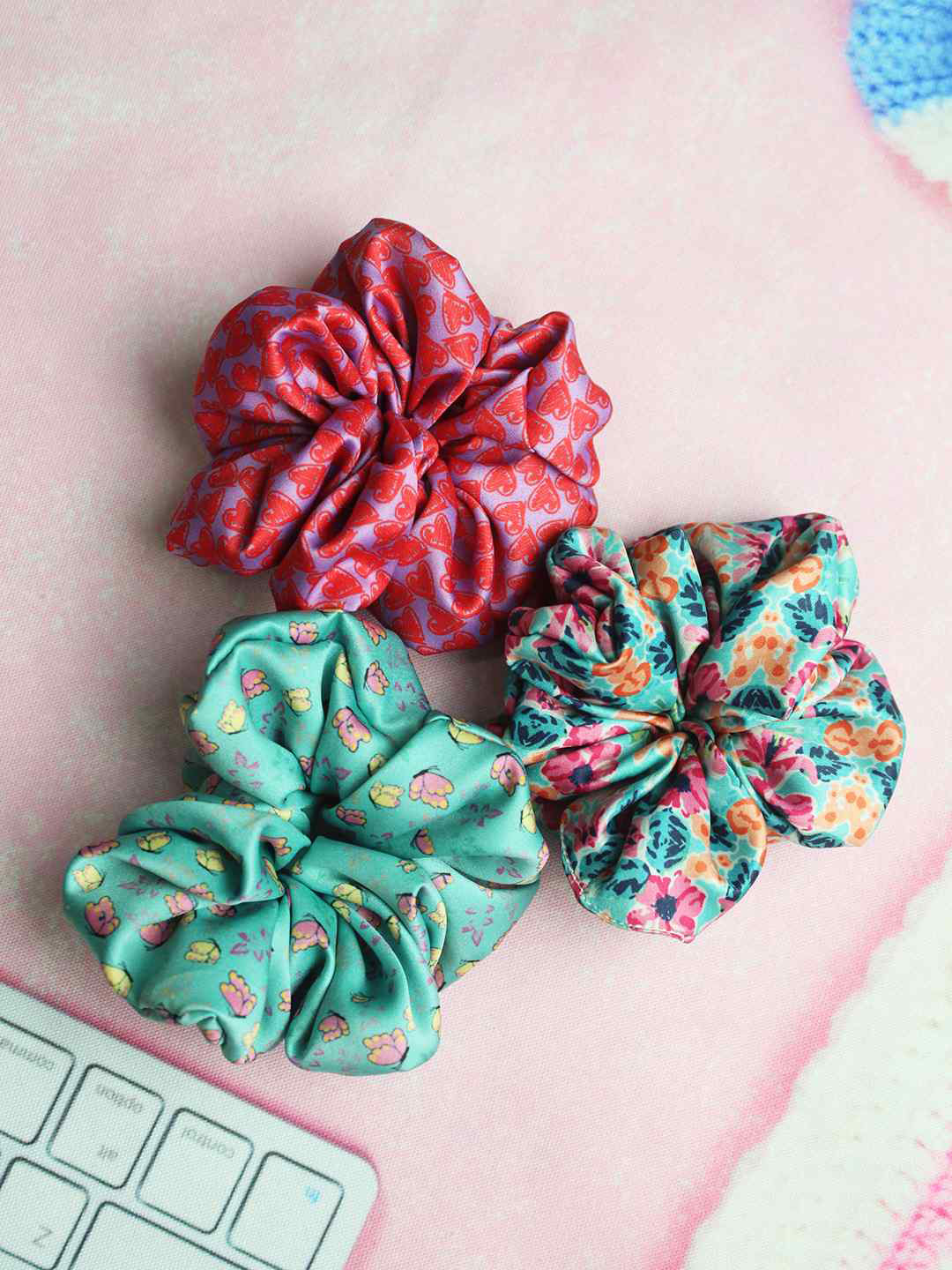 

Tossido Women Red & Green Set of 3 Satin fluffy Scrunchies