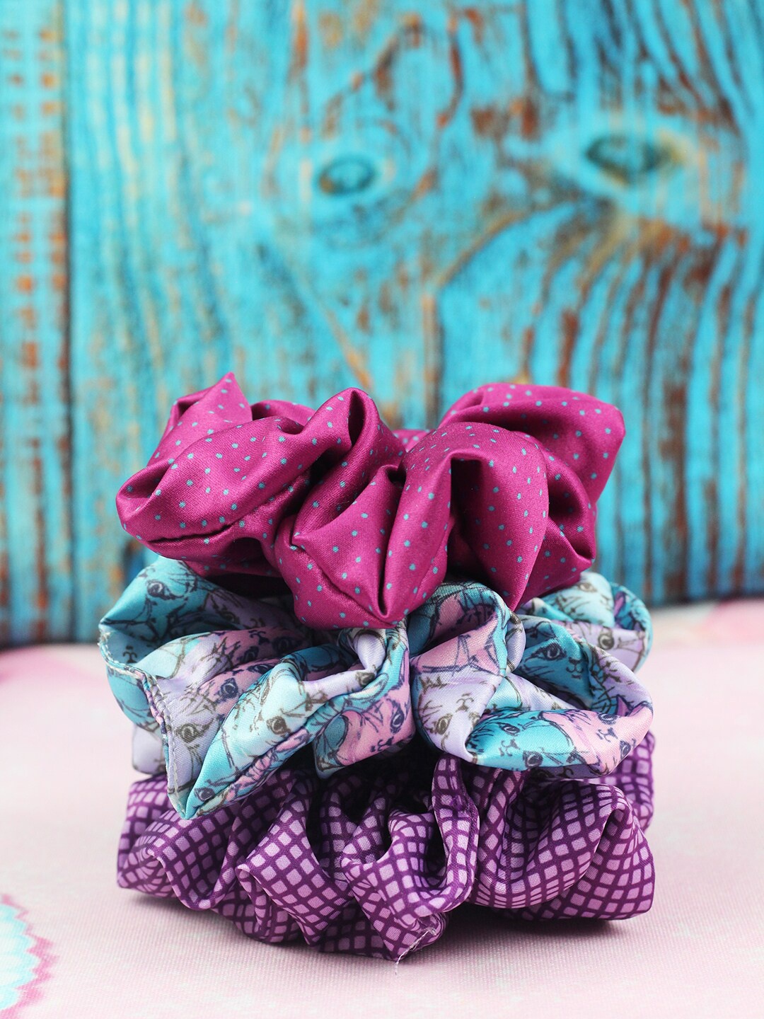 

Tossido Women Pink & Blue Set of 3 Printed Satin Fluffy Scrunchies