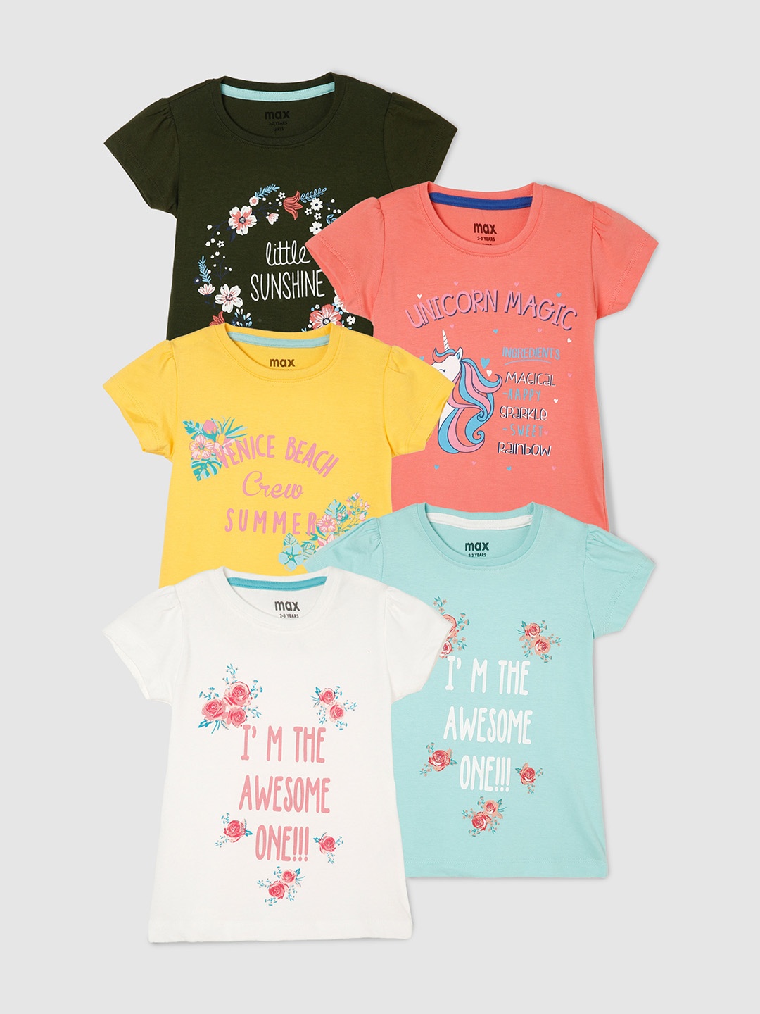 

max Girls Pack of 5 Typography Printed Pure Cotton T-shirt, Green