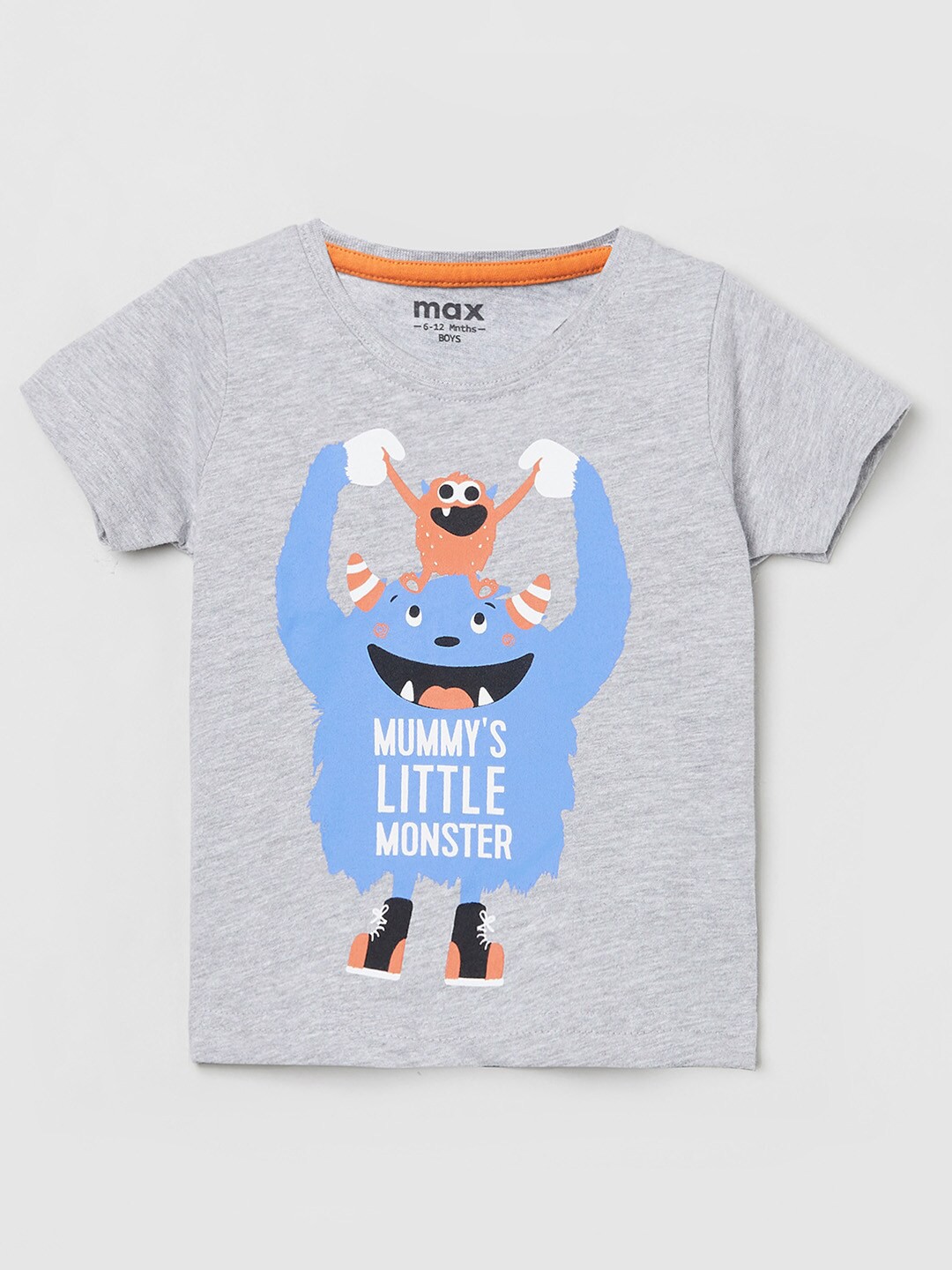 

max Boys Grey & Blue Printed Cotton T-shirt