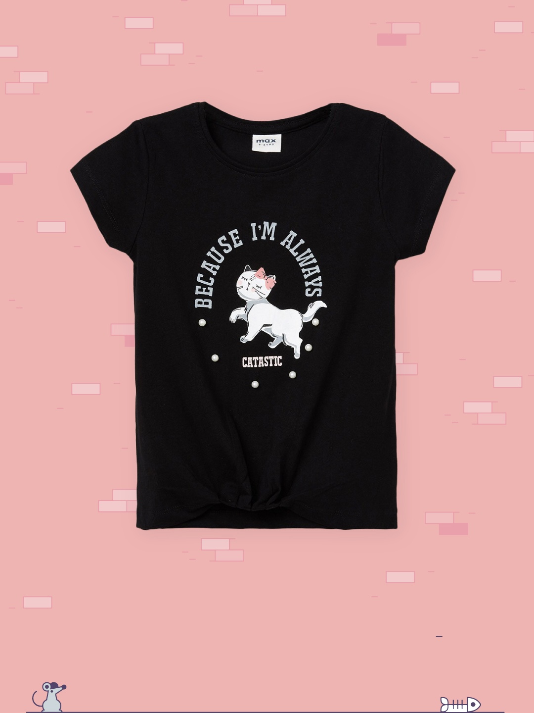 

max Girls Black Printed Pure Cotton T-shirt