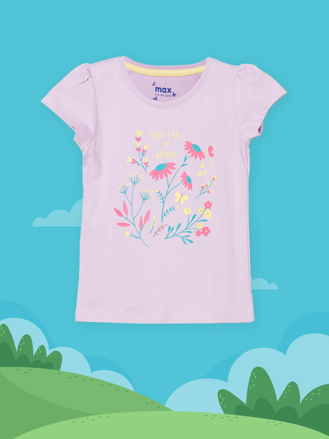 

max Girls Purple Floral Printed Pure Cotton T-shirt