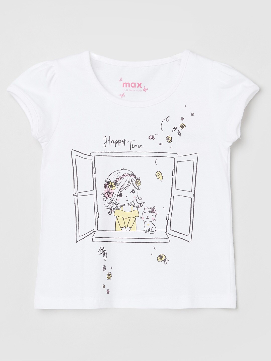 

max Girls White Printed Pure Cotton T-shirt
