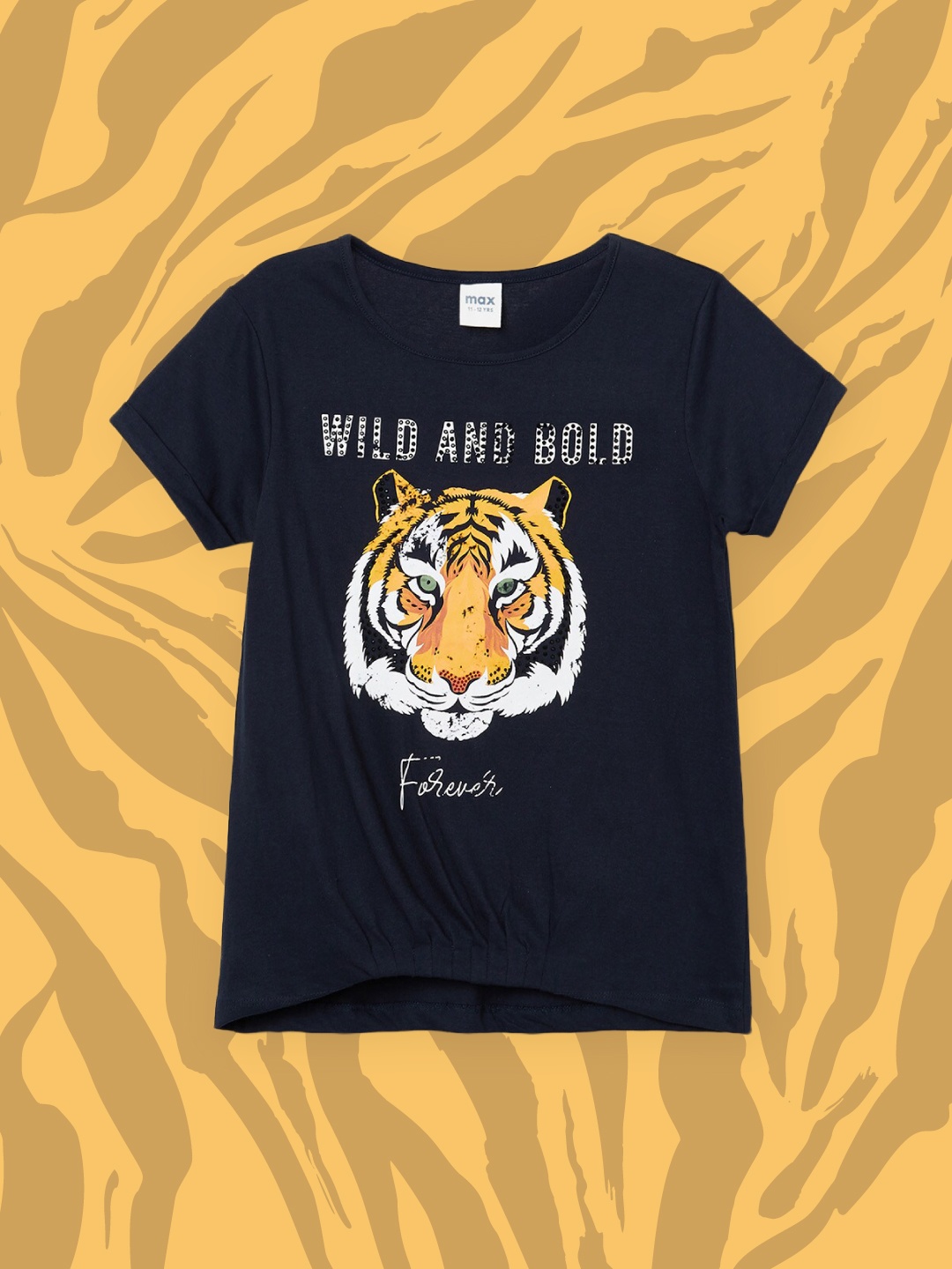 

max Girls Navy Blue Printed Pure Cotton T-shirt