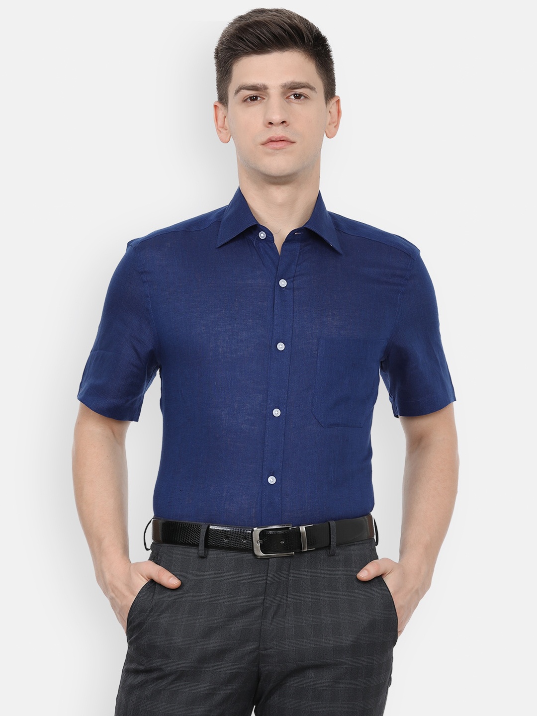 

Louis Philippe Men Navy Blue Pure Linen Formal Shirt