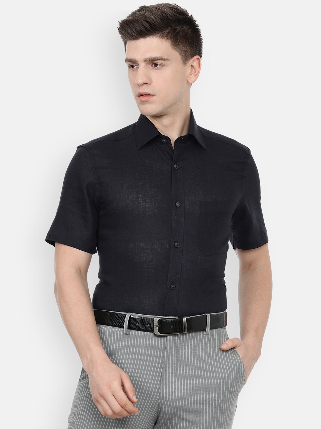 

Louis Philippe Men Black Pure Linen Formal Shirt