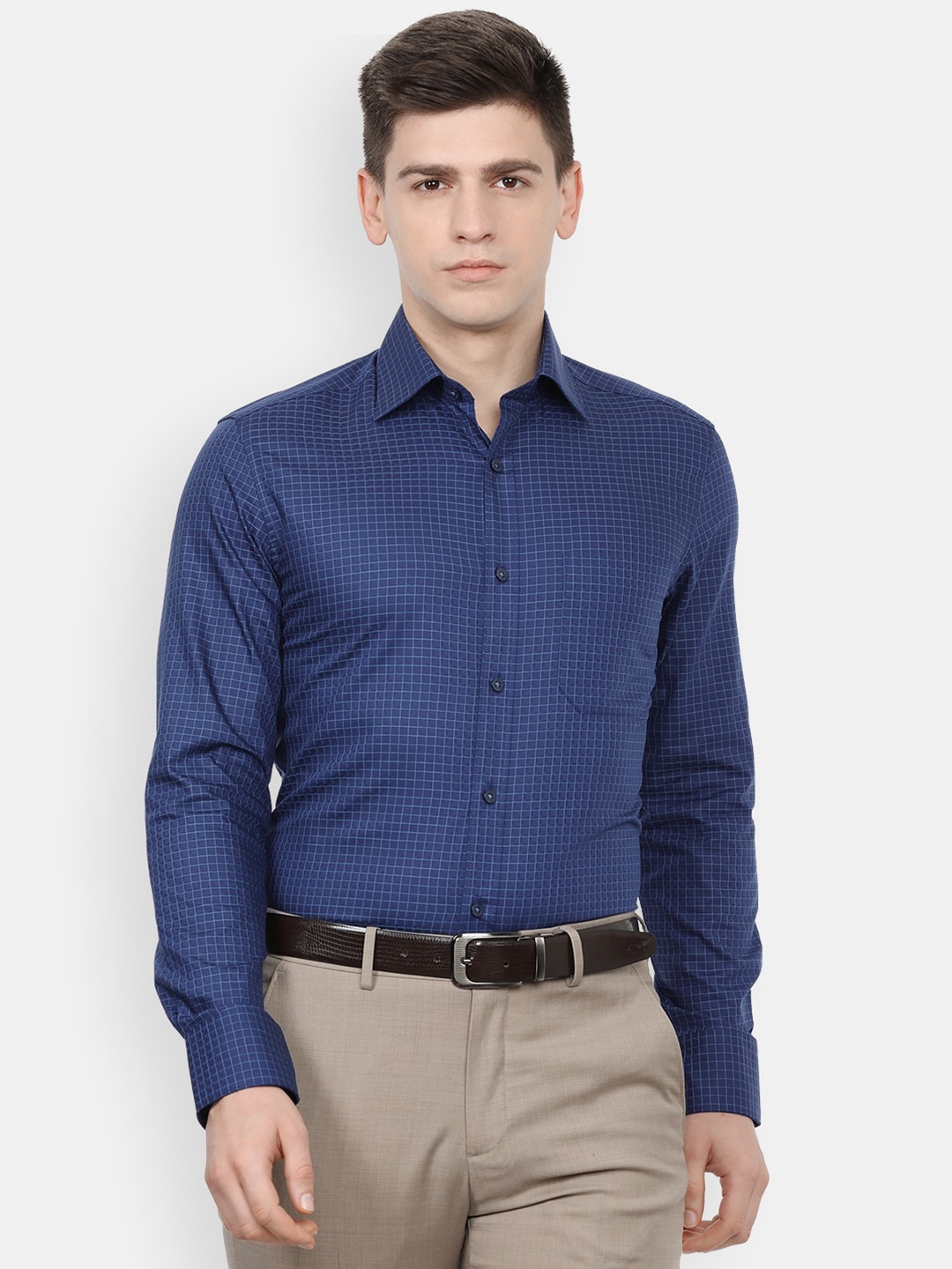 

Louis Philippe Men Navy Blue Checked Regular Fit Pure Cotton Casual Shirt