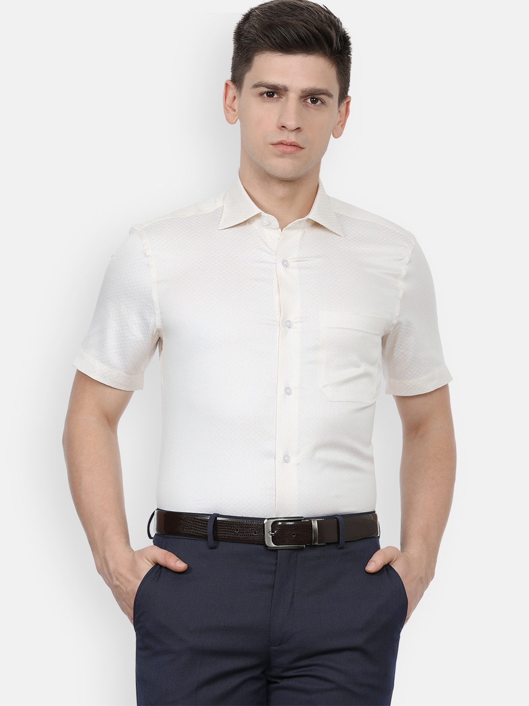 

Louis Philippe Gods & Kings Men Cream-Coloured Solid Pure Cotton Formal Shirt