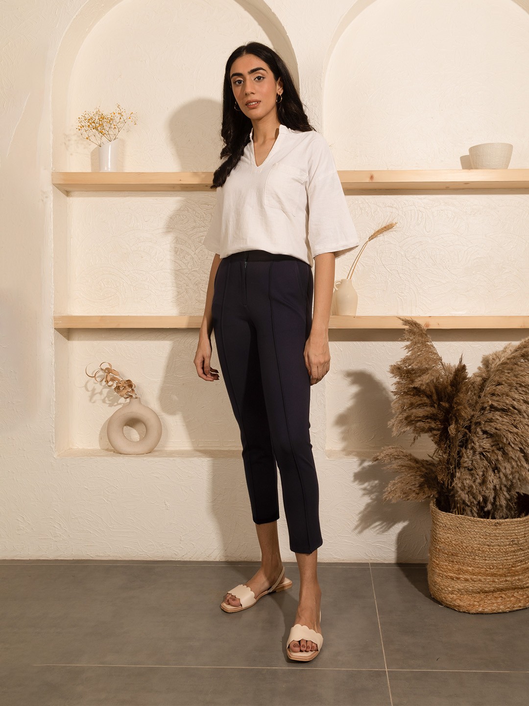 

elleven Women Navy Blue Solid Pleated Cigarette Trousers