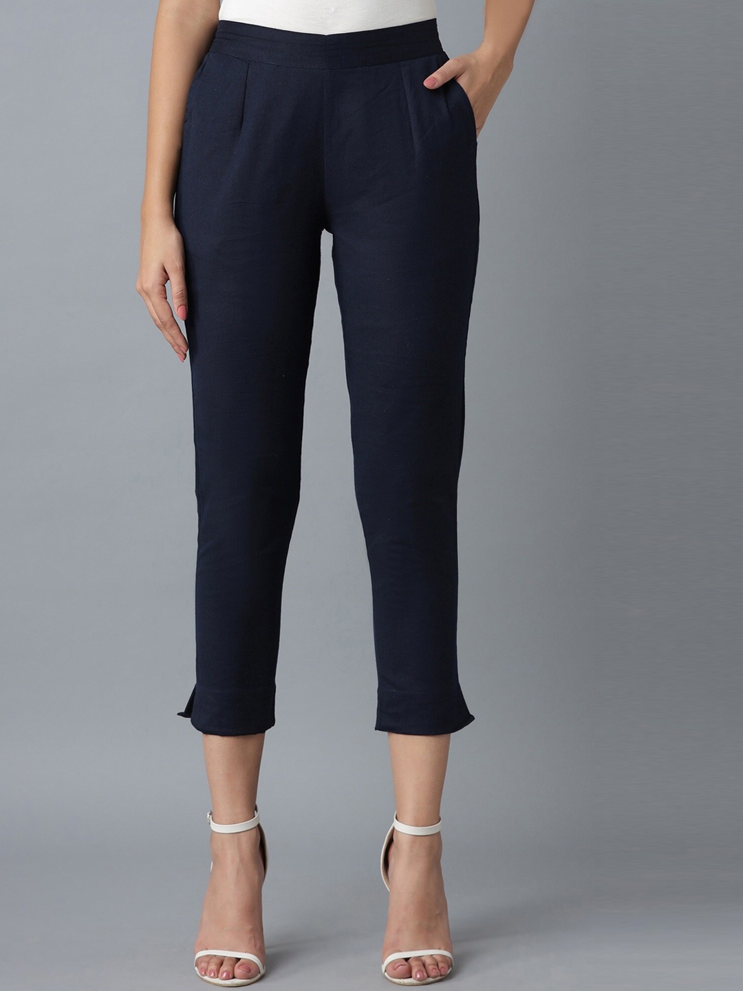

elleven Women Navy Blue Tapered Fit Pleated Cigarette Trousers