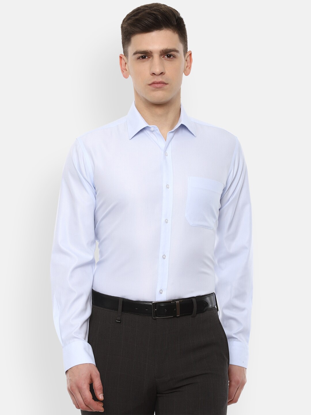 

Van Heusen Men Blue Solid Regular Fit Self Design Cotton Formal Shirt