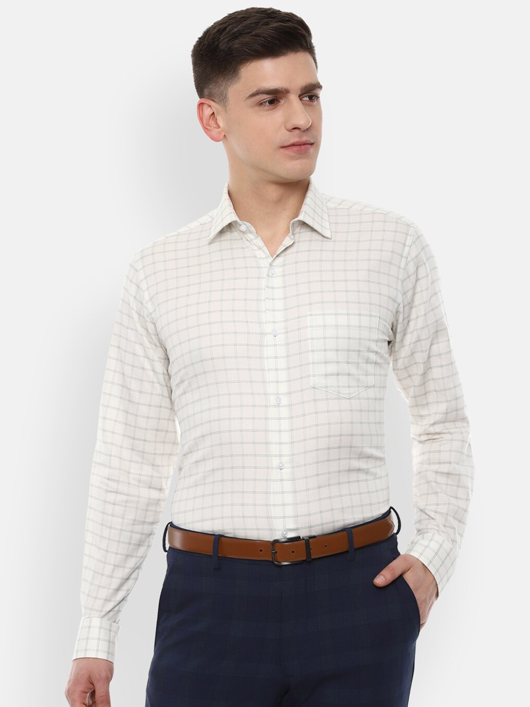 

Van Heusen Men Cream-Coloured Semi Sheer Checked Pure Cotton Formal Shirt