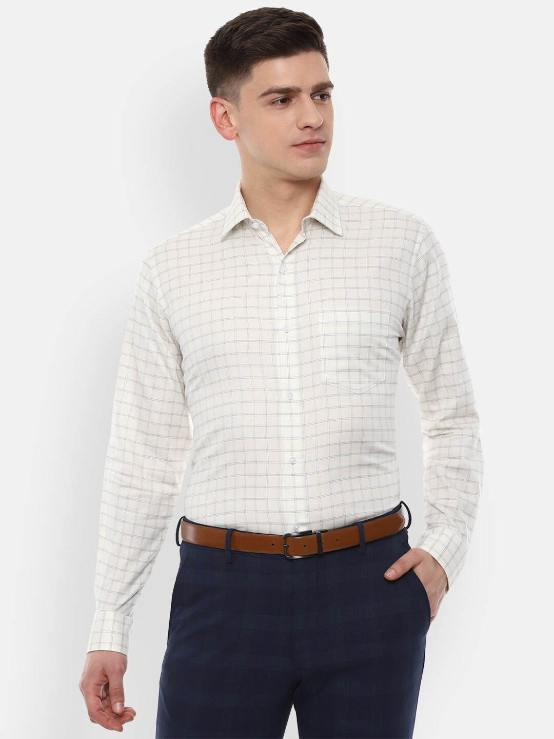 

Van Heusen Men Cream-Coloured Checked Formal Shirt