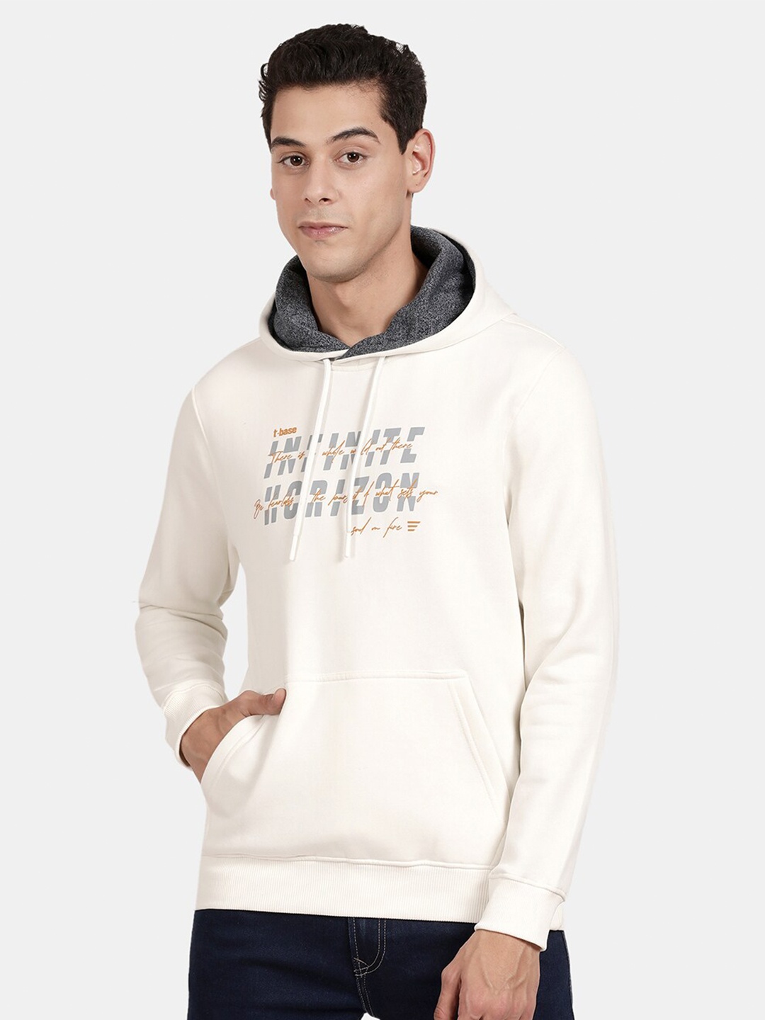 

t-base Men White Printed Hooded Sweatshirt