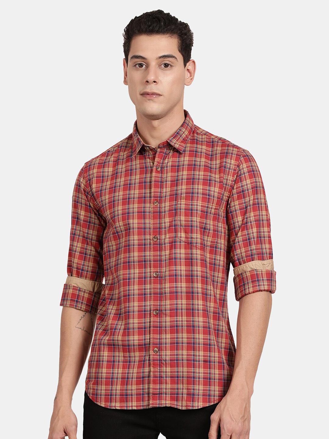 

t-base Men Red Tartan Checks Checked Regular Fit Cotton Casual Shirt