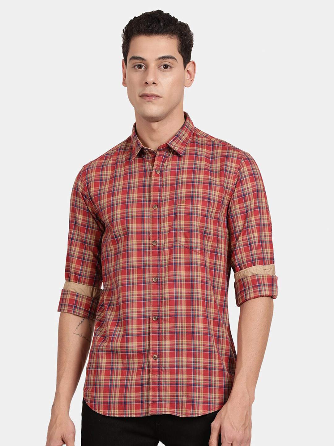 

t-base Men Red Tartan Checked Casual Shirt