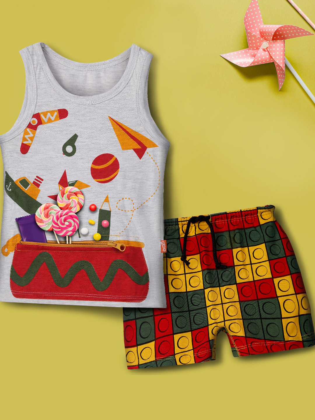 

You Got Plan B Girls Grey Melange & Orange Printed Top with Shorts