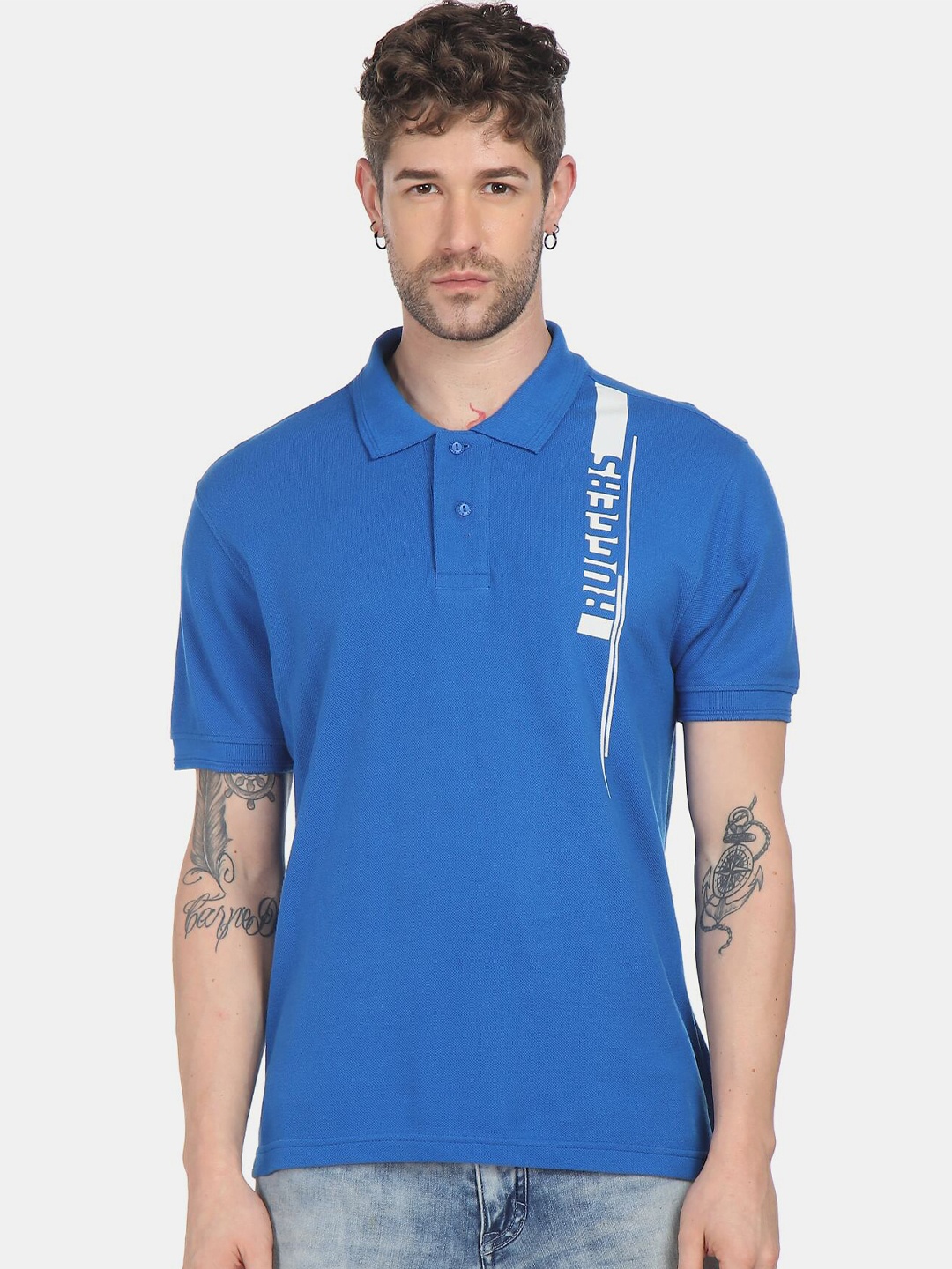 

Ruggers Men Blue Typography Polo Collar T-shirt