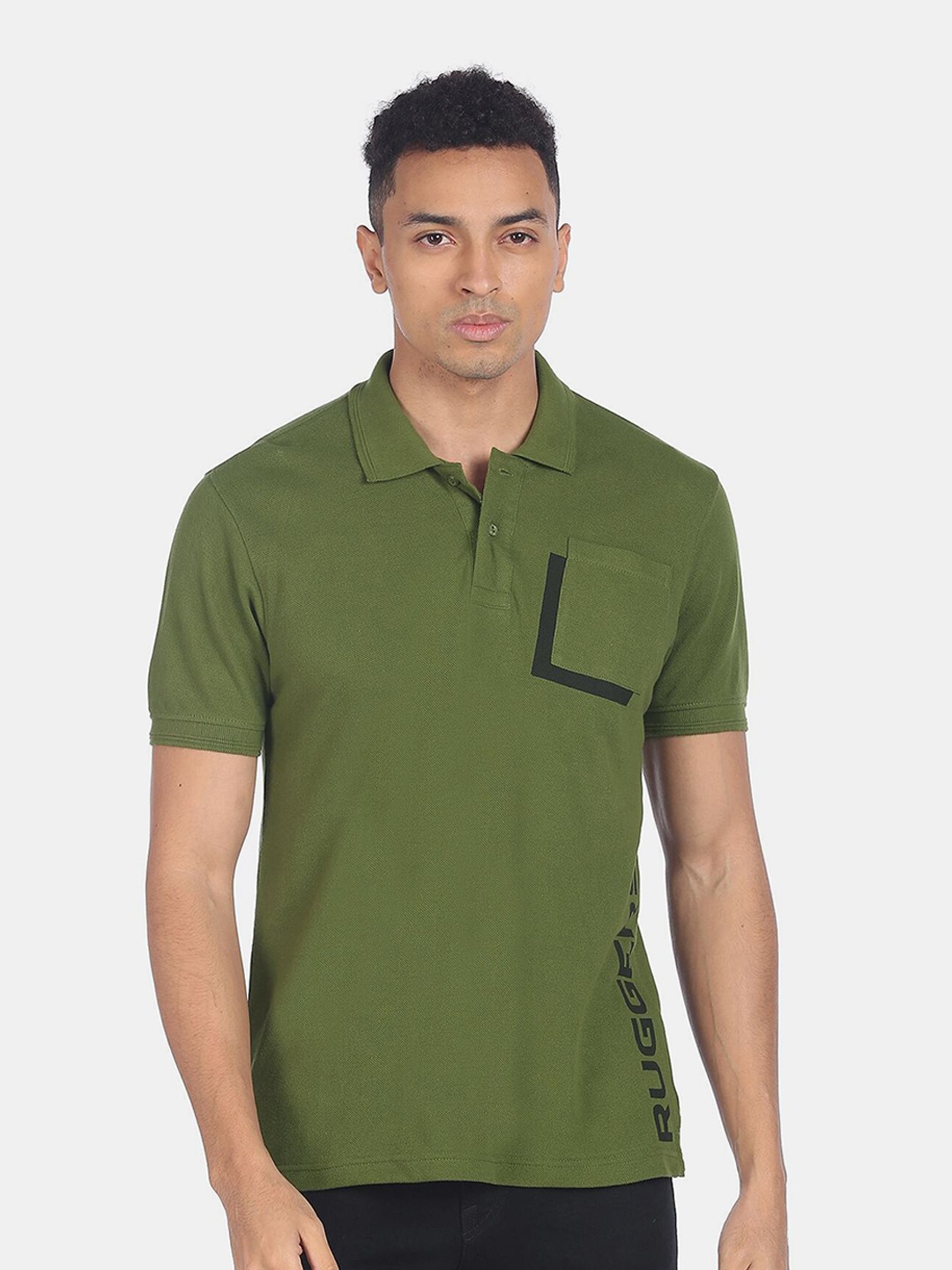 

Ruggers Men Olive Green & Black Solid Cotton Polo Collar T-shirt
