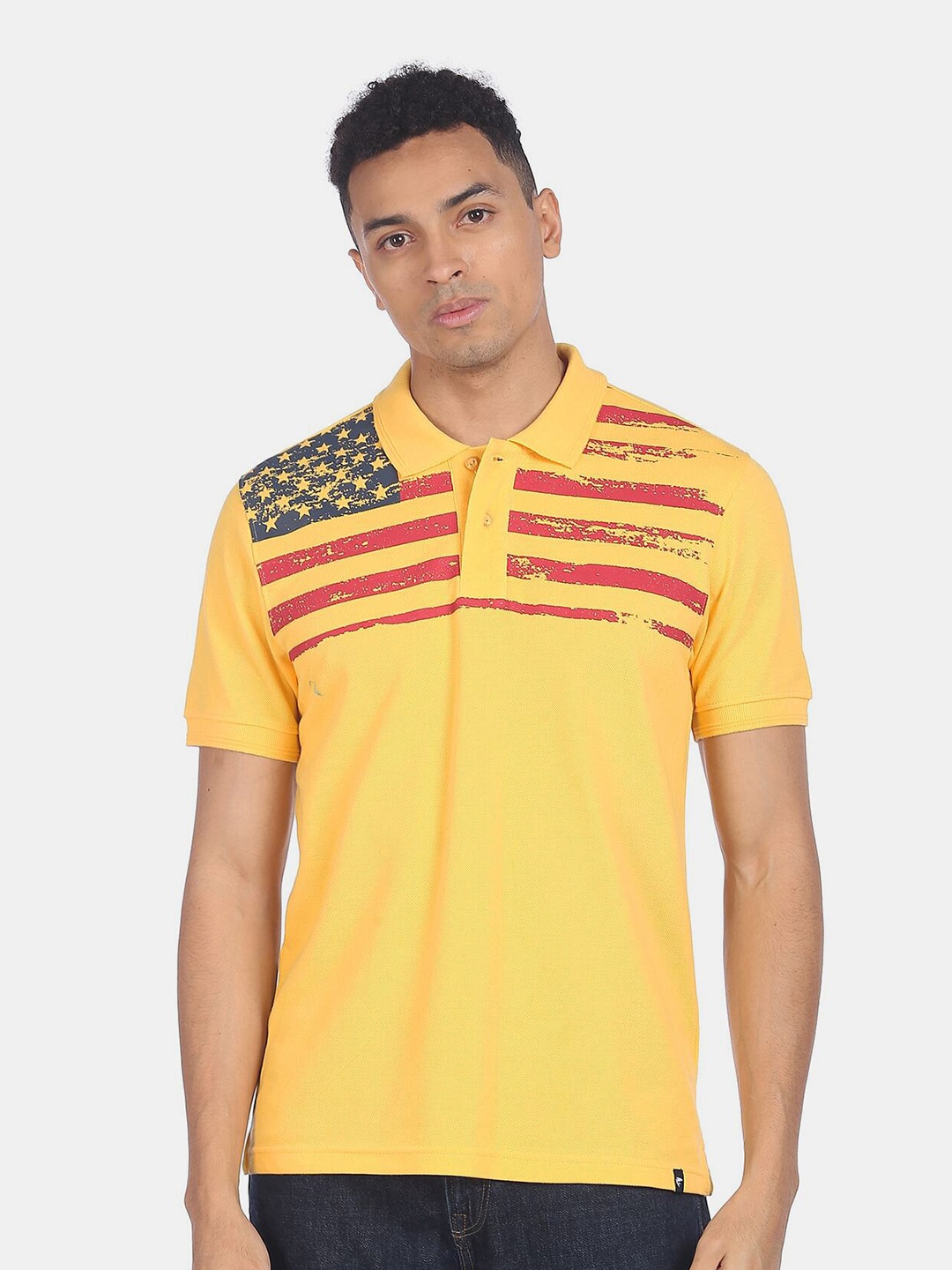 

Ruggers Men Yellow & Red Printed Pure Cotton Polo Collar T-shirt