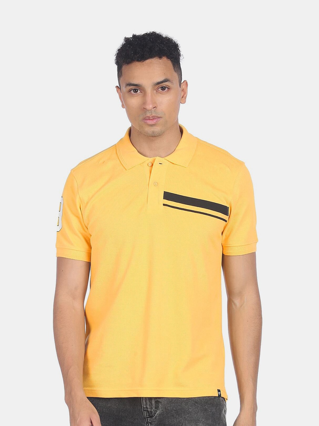 

Ruggers Men Yellow & Black Solid Pure Cotton Polo Collar T-shirt